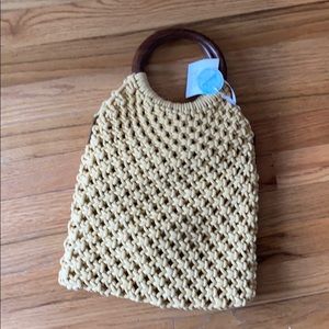 woven textured bag wooden handles crossbody strap